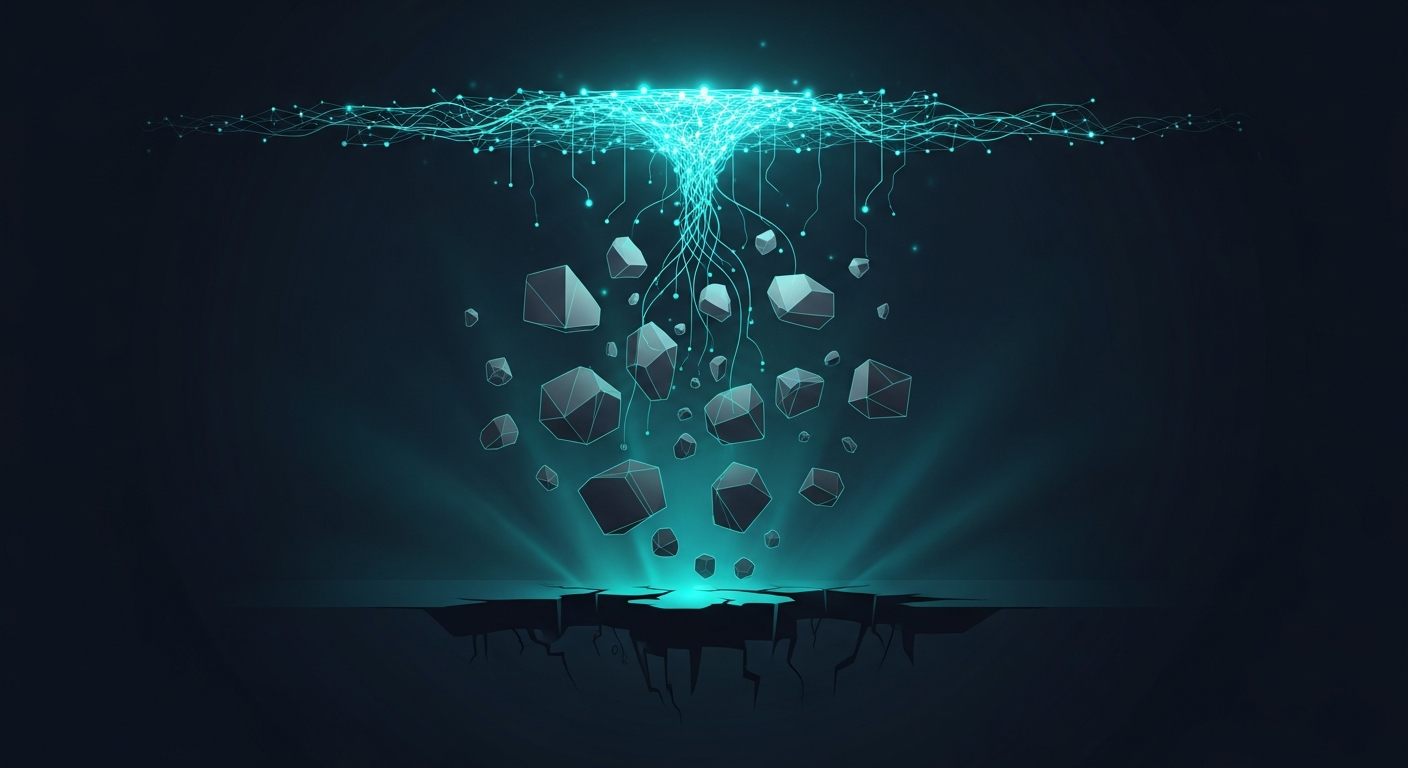 Enterprise data infrastructure visualization showing fragmented data silos blocking AI readiness with a foundation gap beneath an AI deployment stack
