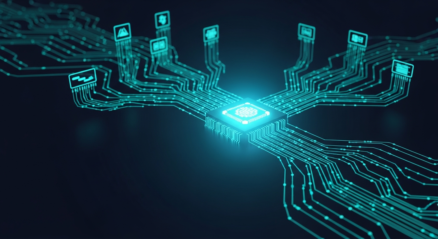 Multiple AI tool nodes converging into a unified enterprise integration architecture, representing consolidation from fragmented AI sprawl