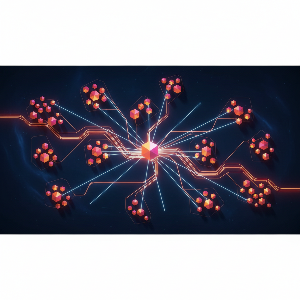 Enterprise command center visualization with AI agents coordinating across departments operating autonomously within defined governance guardrails