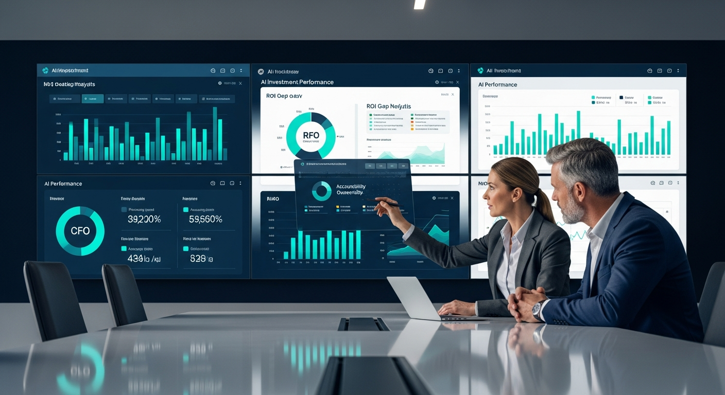 Enterprise C-suite executives reviewing AI ROI dashboards showing investment performance gaps and accountability ownership frameworks