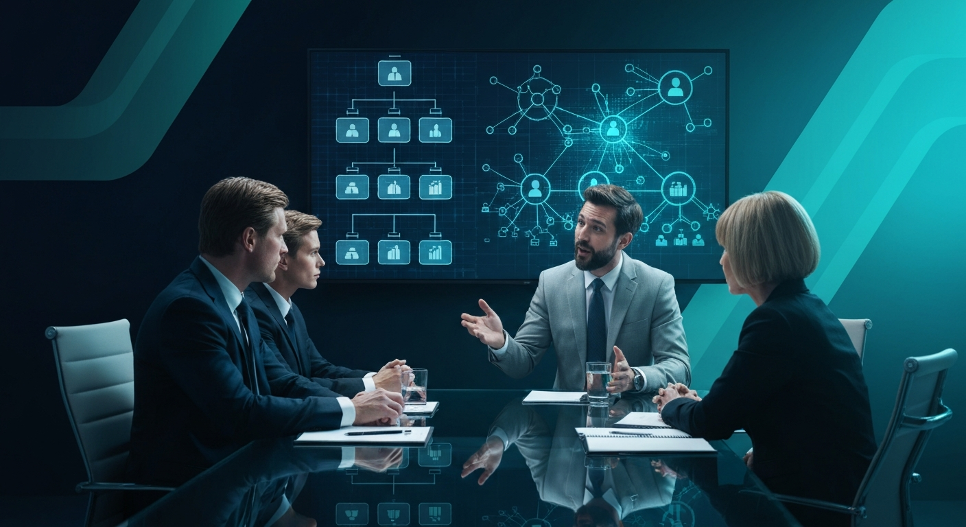 Executive boardroom with Chief AI Officer presenting enterprise AI organizational strategy