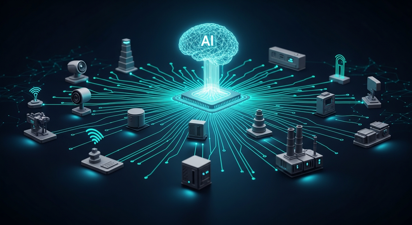 Network of connected IoT devices feeding real-time data into an AI analytics platform