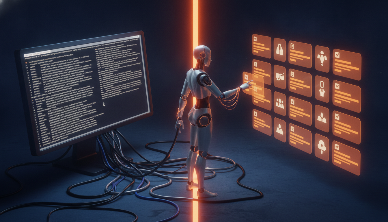 Split illustration of an AI robot plugged into a tangle of cables behind a terminal screen on one side and touching a neat glowing grid of labeled capability cards on the other