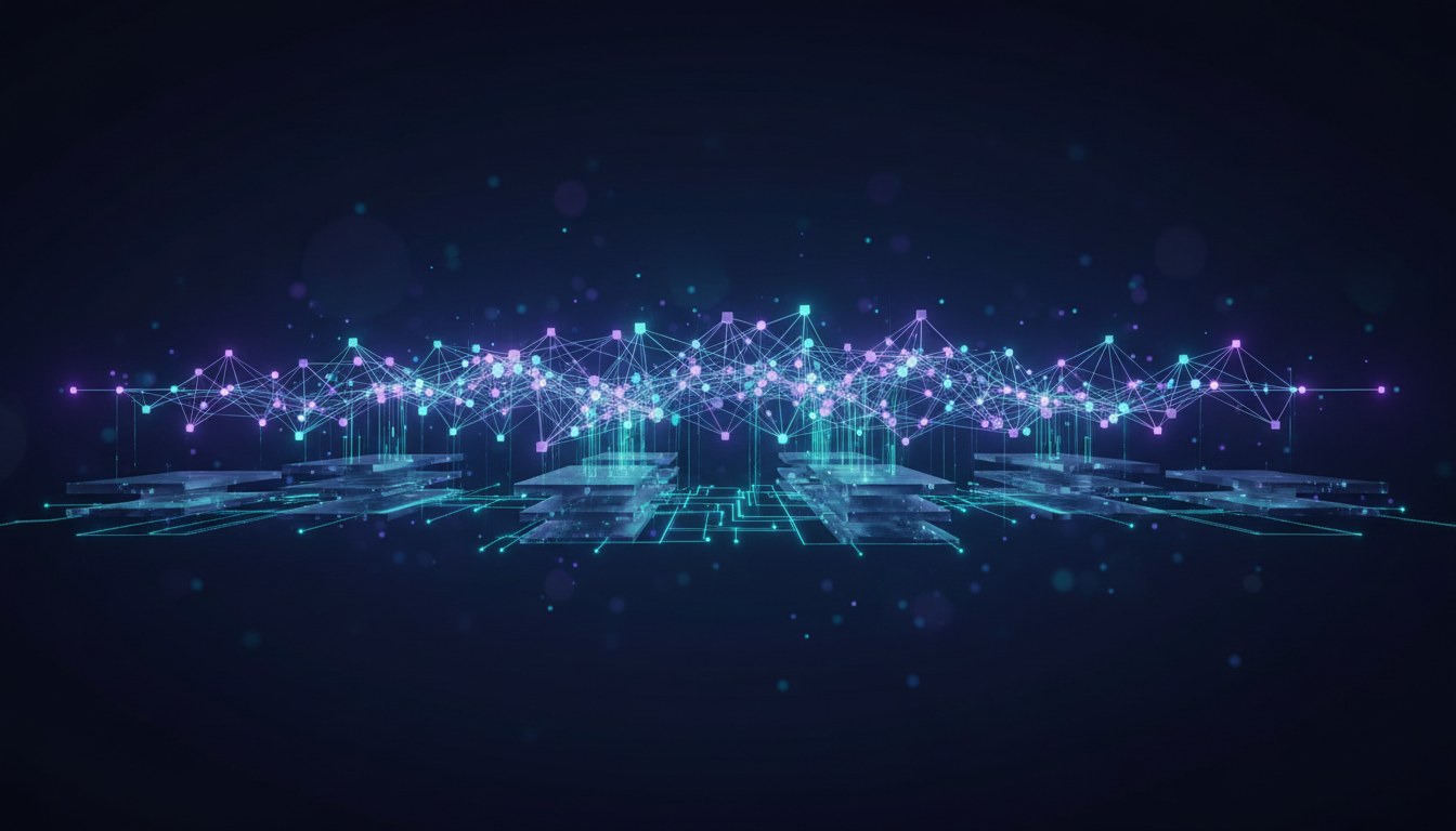 A glowing network of interconnected AI agent nodes forming a central nervous system across an abstract enterprise landscape, representing orchestration-era AI